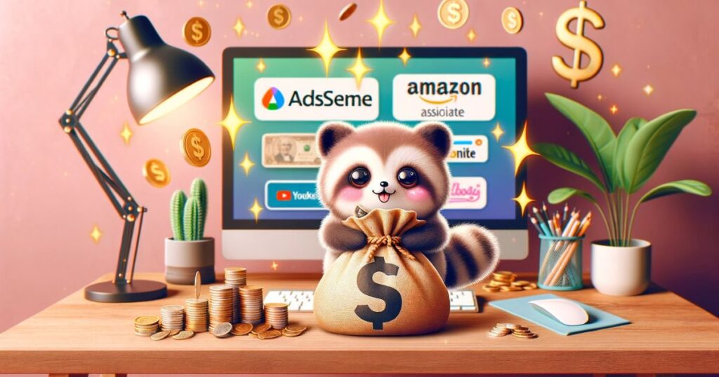 Adorable tanuki standing on a desk with a bag overflowing with coins, symbolizing the potential of blog ad and affiliate revenue.