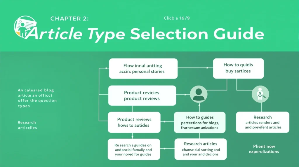 ブログ記事タイプ別の最適機能選択ガイド。体験談、商品レビュー、ハウツー記事、リサーチ記事などの記事タイプに応じた機能選択を緑色のフローチャートで表現