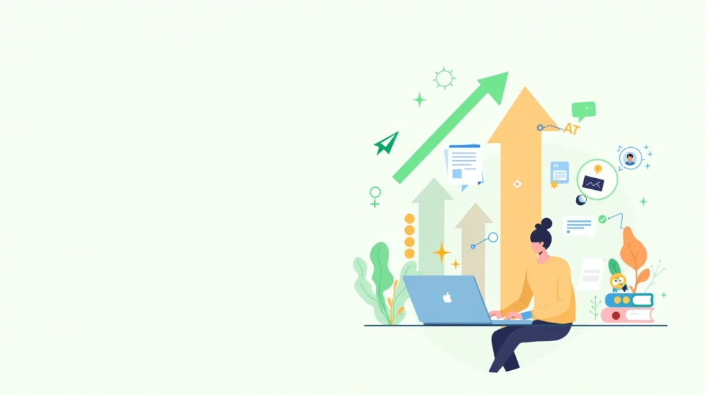 効率的なブログ運営のまとめ。上向きの成長矢印、達成シンボル、AIと効率的に作業するブロガー、ノートパソコンなどを緑色の前向きで励みになるデザインで表現