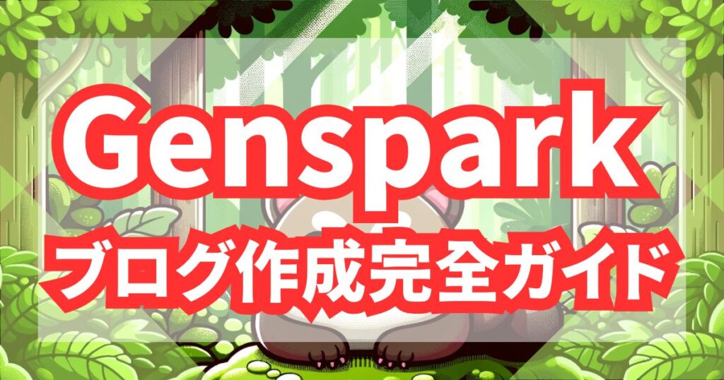 Gensparkでブログ記事を効率的に作成する完全マニュアル - 本を読むレッサーパンダキャラクターと緑豊かな森をアニメ風に表現したアイキャッチ画像