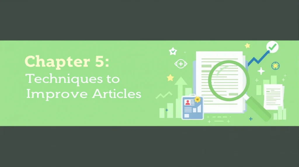 記事品質を高める実践テクニック。チェックマーク、星、上向き矢印、虫眼鏡など品質向上を象徴する要素を緑色の洗練されたデザインで配置